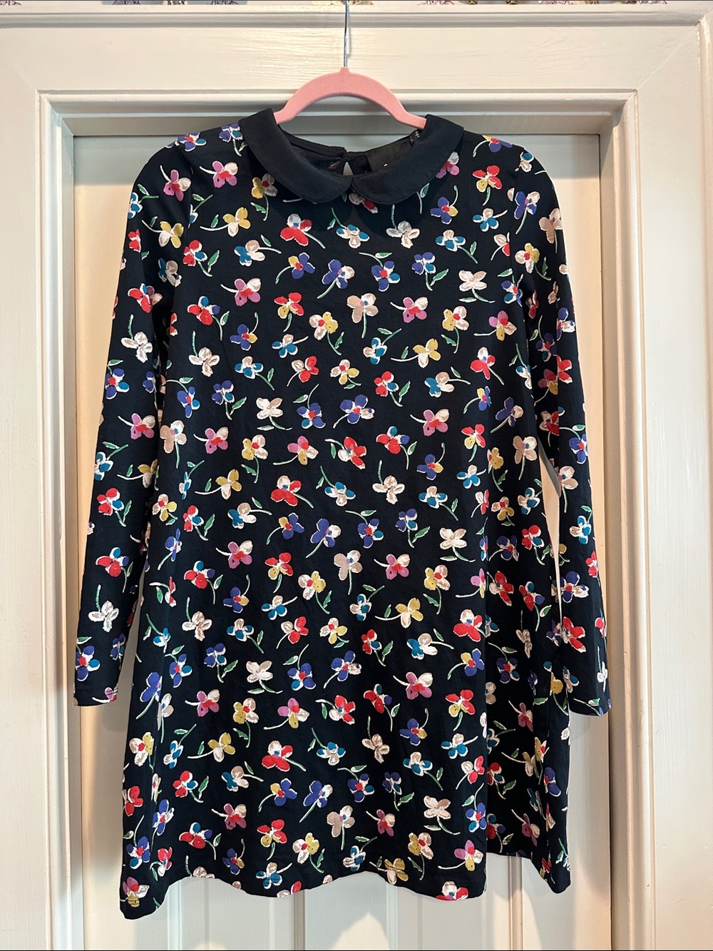 Black Floral Peter Pan Collar Dress - Multicolor Flowers